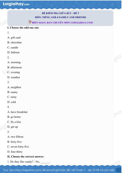 Đề thi giữa kì 2 Tiếng Anh 4 Family and Friends - Đề số 3